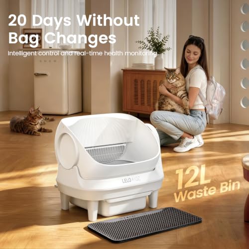 Image of Self Cleaning Litter Box, Open Top 105L Automatic Litter Box for Multiple Cats, App Control, Safety Sensor, Anti-Pinch, Includes Mat & Liner - White