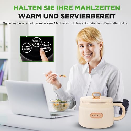 NutriChef 1,6 QT Tragbarer Elektrischer Reiskocher & Lunch Maker | Multifunktional & Antihaft-Keramikbeschichtung | Digitales Bedienfeld | 6 Kochfunktionen: Reis, Suppe, Eintopf, Brei & mehr | Weiß