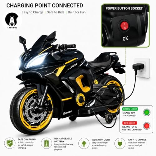 Image of LITTLE PUP Yamaha R9 Battery Operated Bike for Kids | Electric Bike for Child | LED Light & Music | Baby Ride on Toy Rechargeable Battery | for Kids to Drive 2 to 10 Years Boys and Girls (Black)