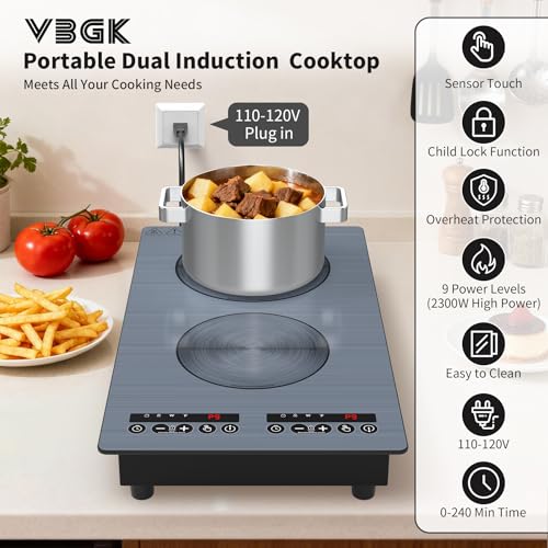 Image of VBGK induction cooktop,110V 2300W double burner hot plate with LED touch control, 9 Power Levels, Kids Lock & Timer, OverheatProtection,2 burner induction cooktop