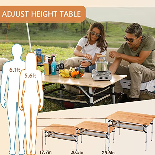 Kingcamp Folding Table, 39.3X25.6X17.7/20.5/25.6In, Yellow_39.3"X25.6" With Storage Layer #TOP5