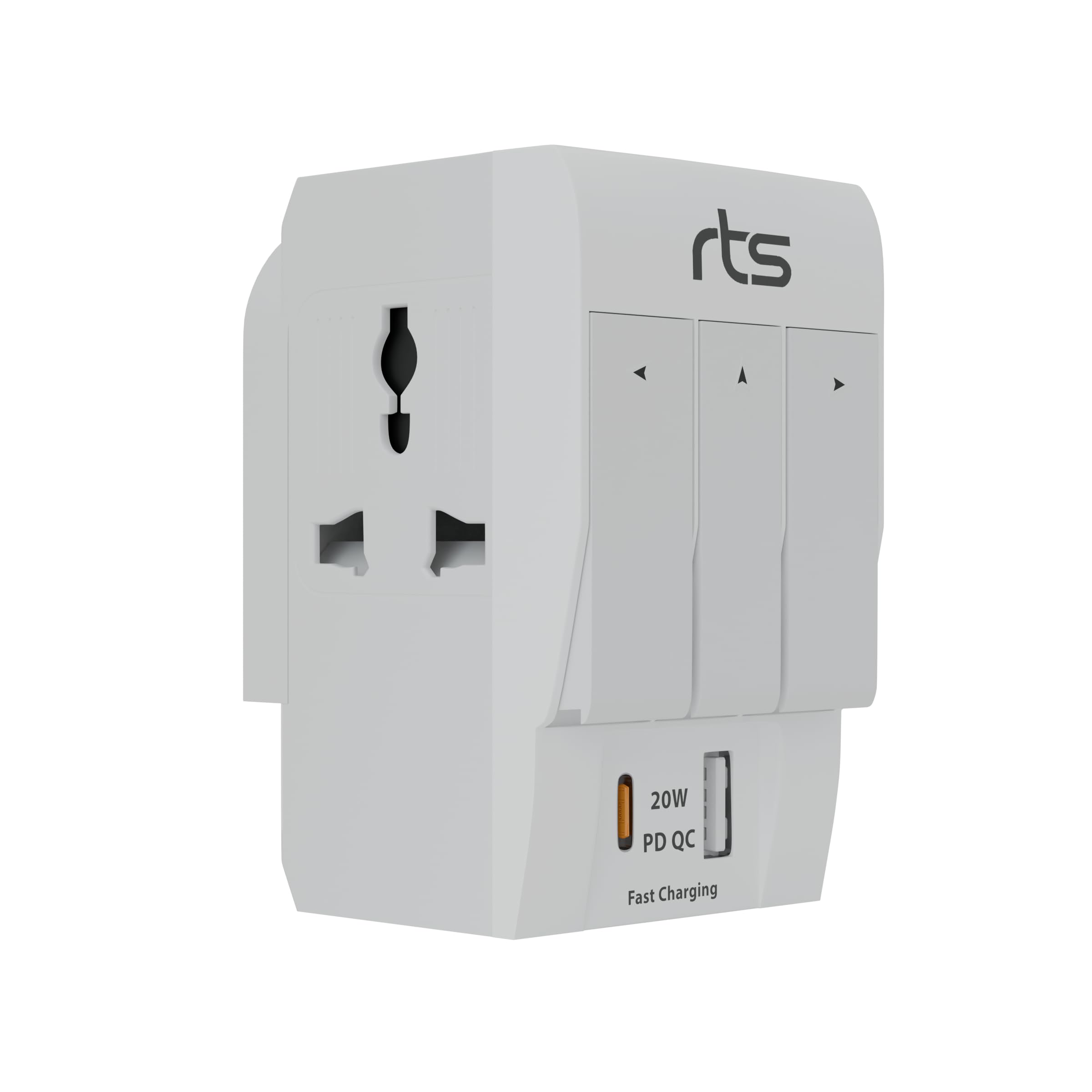 rts 3 Pin Multi Plug Socket-Worldwide Universal Travel Adapter with USB Ports & Type-C PD Individual Switch Safety Shutter LED Indicator-3 Way Plug Socket (5A-250V) Type D Plug for Home Office White