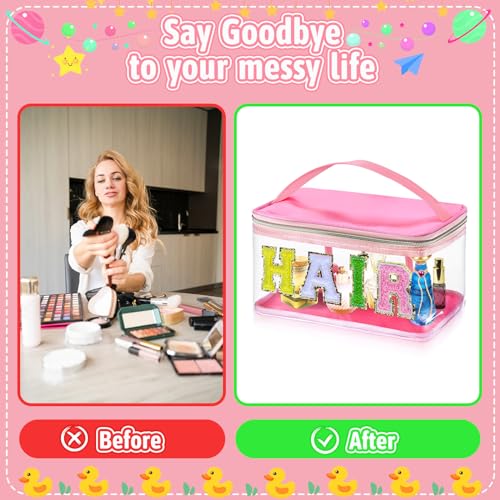 Chenille Letter Clear Makeup Bags, Preppy Pink Hair Bag Chenille Patch Makeup Bag Travel Cosmetic Bag with Handle Zipper Waterproof TPU Hair Accessories Organizer Pouch for Women Girl4
