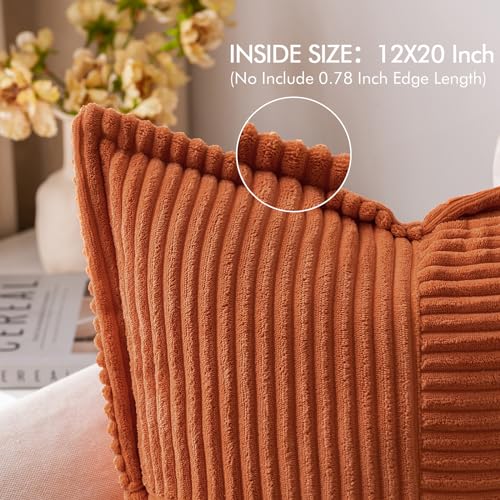 Image of MIULEE Fall Rust Decorative Lumbar Throw Pillow Covers for Couch Bed Livingroom 12x20 Inch Set of 2 Boho Accent Throw Pllows Broadside Striped Patchwork Soft Corduroy Pillowcases, Terracotta