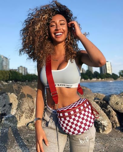Image of Black and White Checkered Crossbody Bag Bum Bag for Women,Spacious Checkered Purse Fanny Packs Belt Bag