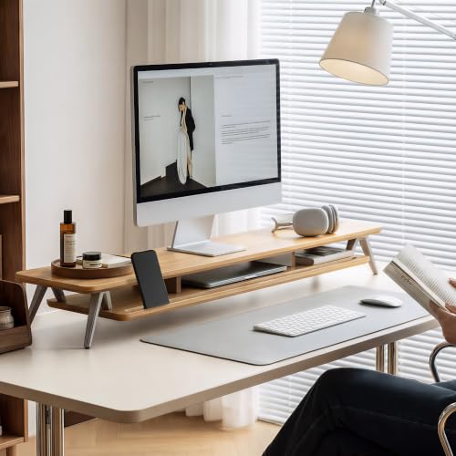 Image of Fenge Dual Monitor Stand, Monitor Stands Riser for 2 monitors, 42.5 Inch Wood Desk Shelf with Storage Organizer and Cable Management for Office Desk Accessories