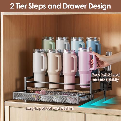 Image of Water Bottle Organizer for Full 40 oz Stanley /Tumbler, Brown | 2 Tier Stanley Cup Organizer, 8 Bottles Capacity, Rustic Countertop Display Shelf, For Coffee Bar, Cabinet, Countertop