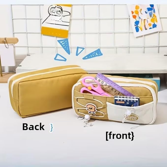 Image of Alokik Bread Yellow Pencil Pouch for Girls, Large Capacity Cheese Multi-Compartment Zipper Pencil Case with Front Pocket & Elastic Organizer, Cute Stationery Bag (Bread - Yellow)