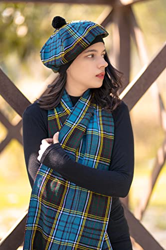 Image of Scottish Tam O' Shanter Hat Tartan Bonnet Pom Pom Wool Flat Cap One Size