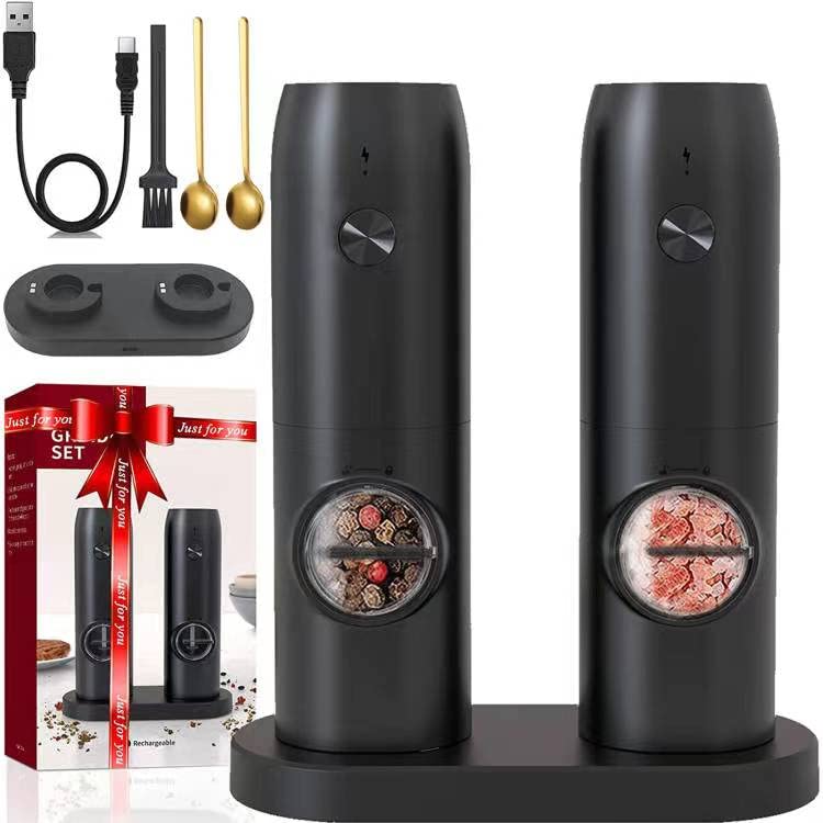 IS MUHE Electric Salt and Pepper Grinder Set with USB Rechargeable Base Refillable Spices Automatic Grinding Shaker Set, Adjustable Coarseness, Suitable for BBQ Restaurant Kitchen Black