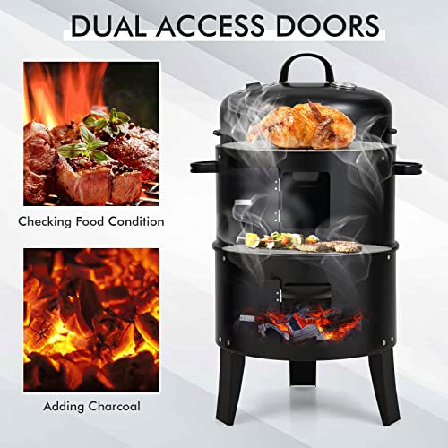 Dortala 3 In 1 Round Charcoal Smoker, 16’’ Portable Bbq Vertical Smoker W/Thermometer, Hangers,Charcoal Smoker For Grilling, Camping, Black #TOP2