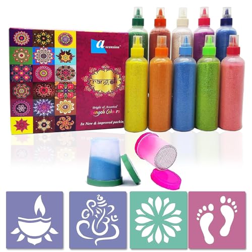 Ascension 10 Rangoli Powder Colors Bottles 4 Stencils and 2 Fillers Design Creativity Diwali Decoration Item Floor Rangoli Art Colours Rangoli Color Powder Rang for Navratri Pongal Pooja Mandir Decor