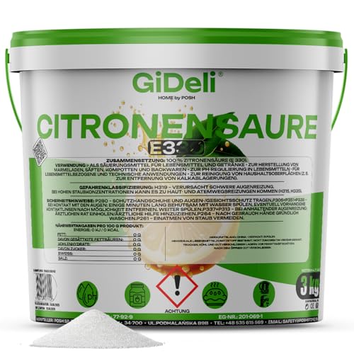 GiDeli Ácido cítrico de calidad alimentaria en polvo monohidrato 3000 g puro E330 cristales calidad de limpieza descalcificador acidulante sin azúcar en cubo resellable 3 kg