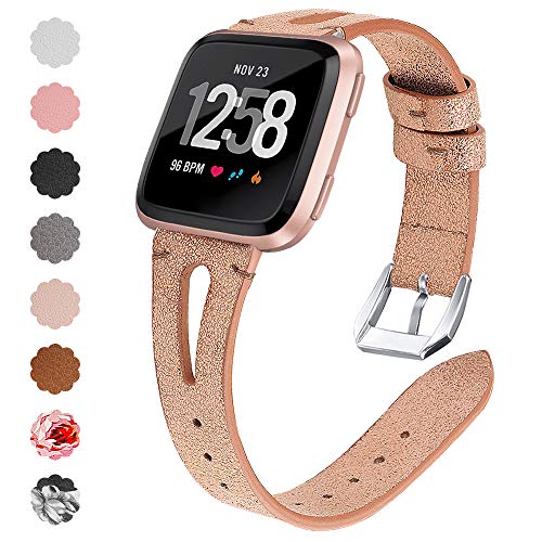 QIBOX Leather Bands Compatible with Fitbit Versa/Versa 2, Slim Vintage Leather Band Replacement Strap Women Man Wristband Accessories Compatible with Fitbit Versa 2 Smartwatch