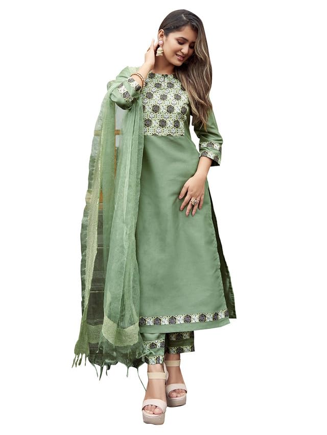SKYLEEWomen's Printed Art Silk Straight Kurta Set with Dupatta