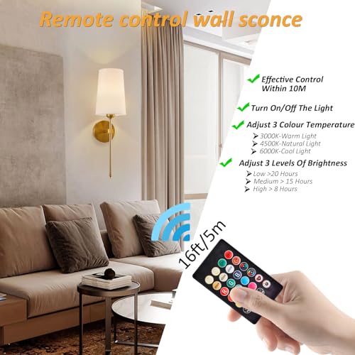 Image of Battery Operated Wall Sconces, Wall Sconces Sets of 2, Rechargeable Wall Lights, with Remote Control Dimmable Detachable Bulb, Suitable for Bedroom Living Room Corridor Kitchen