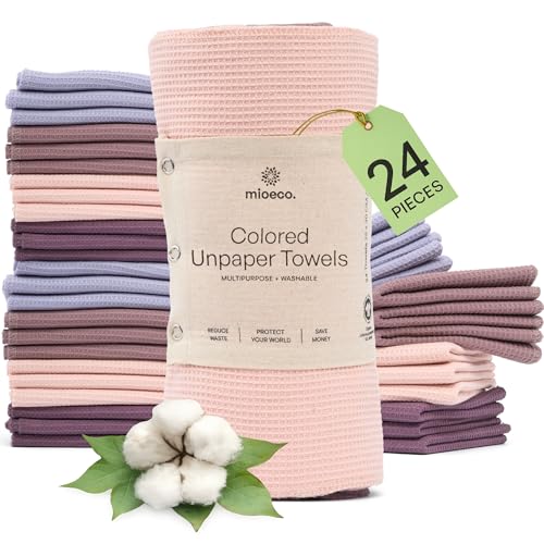 Image of mioeco 24 Pack Multicolored Reusable Paper Towels - Nature Friendly - Organic Cotton Alternative - Thick, Strong, Paperless Kitchen Dish Cloths - Reusable Napkins - Dish Towels - Cloth Napkin
