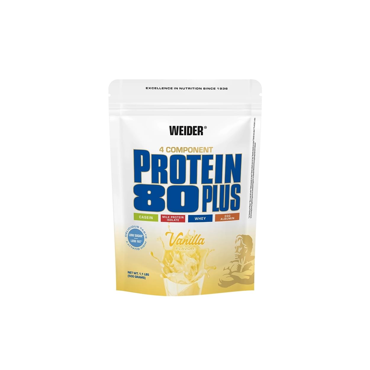 Weider - Protein 80 Plus - 4-Komponenten Protein Pulver - Hoher Proteingehalt mit 80% Eiweiß - Cremige Shakes mit Calcium & Vitamin B6 - 500g - Vanille