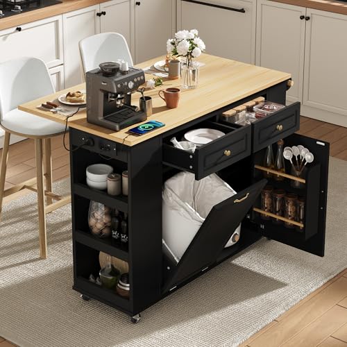 Yihomfy Îlot de Cuisine Noir avec Table Extensible-Intègre Poubelle, Porte-Serviettes-Meuble Multifonction pour Cuisine et Salle à Manger, Économique...