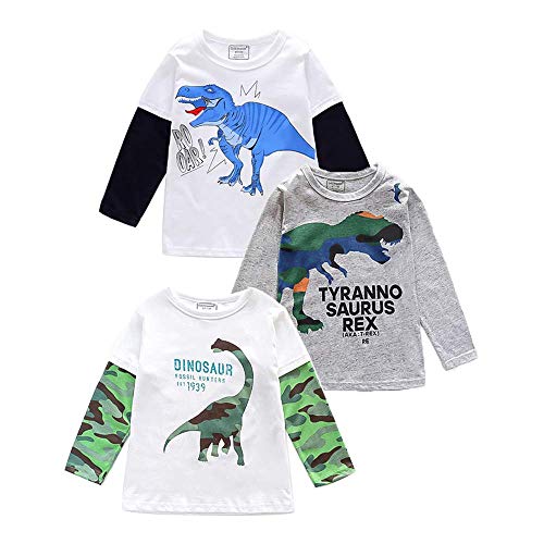 HZXVic Baby Boys' 3-Pack Long Sleeve Tees Tops Cotton Toddler Kids Tshirt(Dinosaur 7T)