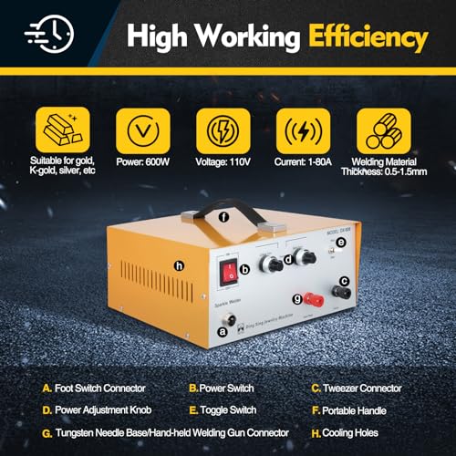 Jewelry Spot Welder Machine, 110V 80A Pulse Sparkle Spot Solder Machine Welding Machine Gold Silver Jewelry Tool 0.5-1.5mm Portable Jewelry Electric Soldering Machine with Foot Pedal