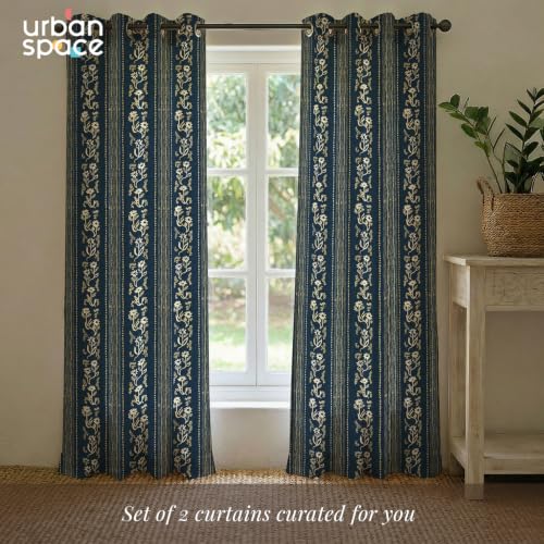 Image of Urban Space 100% Cotton Floral Curtains 5 Feet Long Set of 2, 60-65% Room Darkening, Decorative Curtains with Eyelets /Rings for Hanging, Tieback Included (Garden Trail Indigo, Window - 5 Feet)