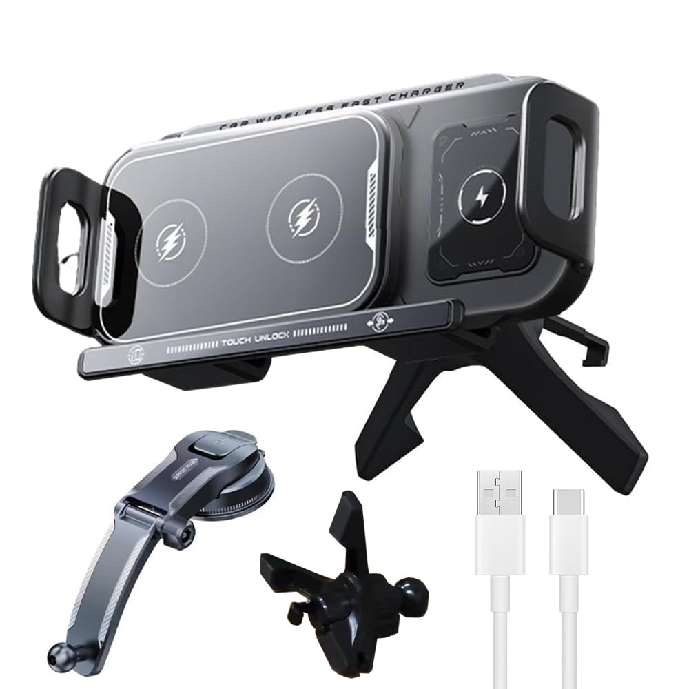 Wireless Charging Car Mount, 15W Fast Auto-Rotating Phone Holder, 2-in-1 Dashboard & Air Vent Mount, 360° Rotation for iPhone Samsung, 4 PCS Set, Black