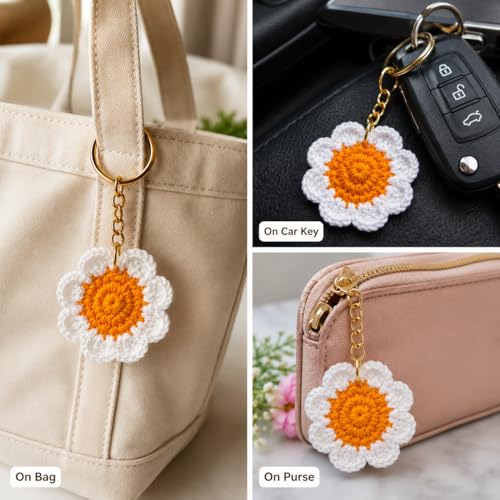 Image of Handmade Crochet Keychain for Women & Girls, Cute Yarn Key Ring, Bag Charm, Car Key Holder & Gift, Aesthetic Handmade Floral Accessory