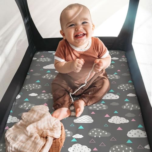 Image of Stretchy Pack and Play Fitted Sheets: 2 Pack Mini Crib Sheets 38x26 - Soft Cozy Material - Fits Most Playards and Travel Playpens, Pack n Play, Nursery Daycare Bedding Essentials, Whale Cloud Print