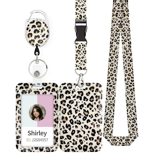 Uniclife Modische Sliding Ausweishülle Leopard Print Kunststoff Kartenhalter mit Einziehbaren Badge Reel Karabiner abnehmbare Lanyard Karte Schutz für Büroangestellte Krankenschwester Lehrer Student