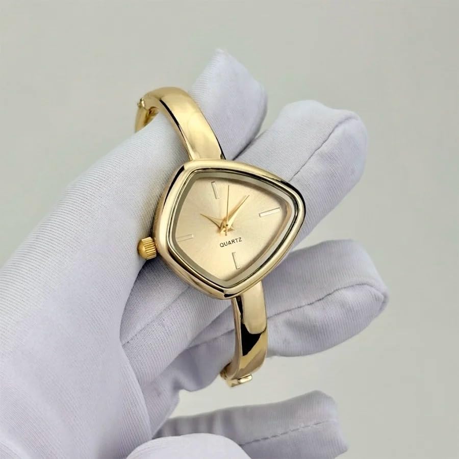 Image of Shocknshop Analog Triangle Dial Bangle Ladies Gold Tone Cuff Bracelet Strap Ladies Minimalist Quartz Watch for Woman -WCH192