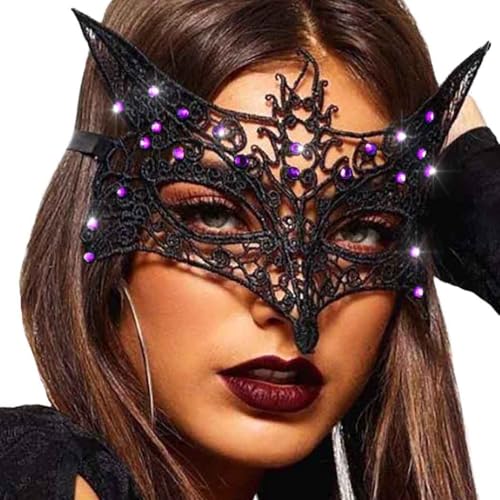 Obmyec Masquerade Lace Mask for Women Fox Eye Masks Black Face Mask for Party Halloween Cosplay (Purple)