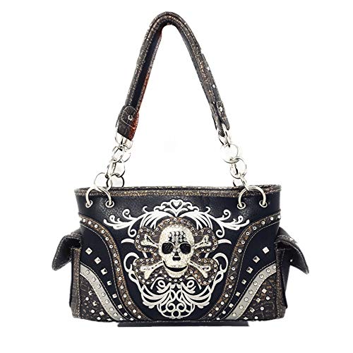 ZZ FabZzfab Embroidered Concealed Carry Rhinestone Studded Skull Purse in 6 colors (Black)