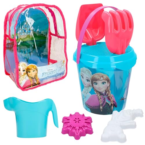 ColorBaby 48205 - Disney Frozen Ensemble Seau de Plage avec Pelle, râteau, arrosoir et Accessoires, Sac à Dos de Plage pour Enfants, Set de Plage pour...