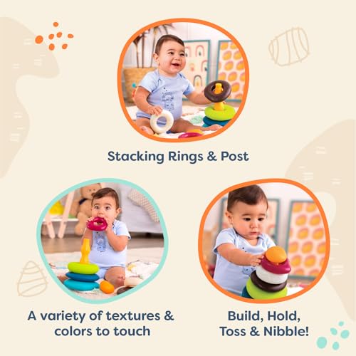 Image of B. toys Skipping Stones, Textured Baby Ring Stacker | 7-piece baby sort-and-stack toy with 5 textured rings, base, and topper for sensory play and early development, 6+ Months