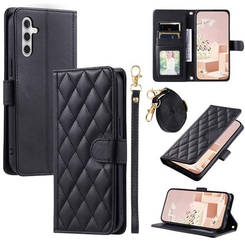 Furiet Wallet Case for Samsung Galaxy A35 5G with Wrist Strap, Shoulder Strap, Multiple Card Slots Folio Purse, Luxury PU Leather Stand Accessories Cell Phone Cover for A 35 35A A355G Women Men Black