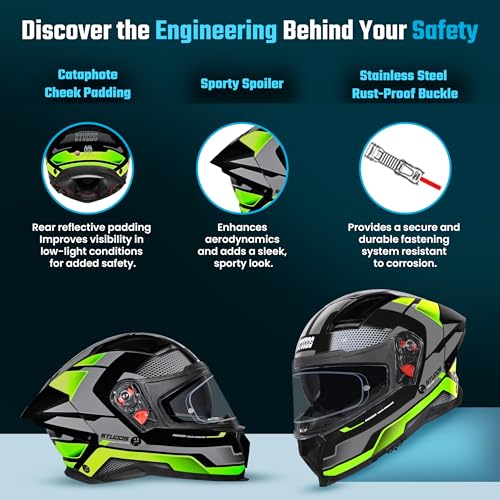 Image of STUDDS Helios Asphalt Full Face ISI and DOT Certified Helmet with Dual Visor Black & Green - L