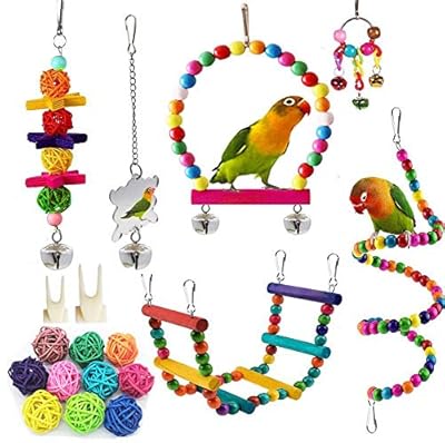 PBIEHSR Bird Parrot Swing Toys, Pet Bird Cage Hammock Chewing Toy Hanging Bell Wooden Perch for Small Parrots, Conures, Love Birds, Small Parakeets, Finches, Budgie (Multi-A)