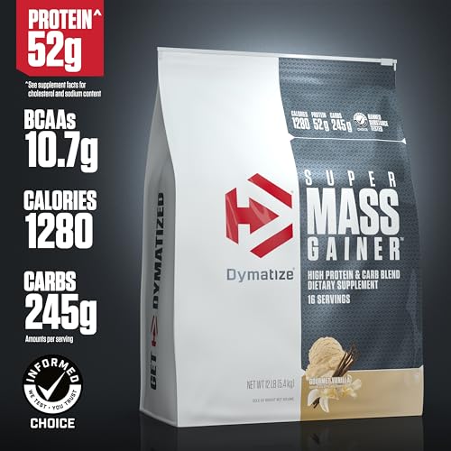 Image of Dymatize Super Mass Gainer Protein Powder, Gourmet Vanilla, 52g Protein, 1g Creatine, 1280 Calories, 10.7g BCAAs, 245g Carbs, Contains Whey Protein, Isolate, and Casein (16 Servings) (Pack of 2)