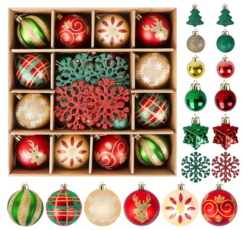 Anstore 40 Pcs Christmas Decorations Baubles, Red Green Snowflake Christmas Ornaments Set, 6cm Bauble, Large Snowflakes & Mini Trees with Gold Painting, Xmas Baubles Shatterproof Xmas Decor for Tree