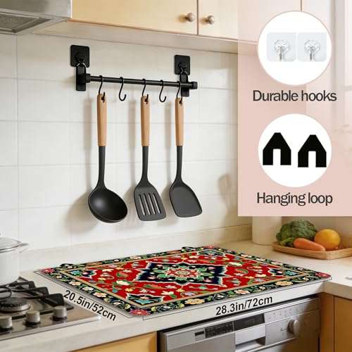 Image of Boho Floral Stove Top Covers Pad 28 x 20 inches Dish Drying Mat Coffee Bar Mats Kitchen Decor Absorbent Pad Fit Coffee Maker Machine Dish Drying