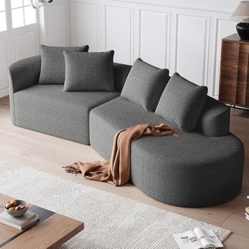 Bladez Moderno sofá de esquina curvado, sofá de salón de 3 plazas en aspecto de terciopelo, acolchado cómodo, fácil montaje, gris oscuro y beige (gris oscuro + chenilla, 3 asientos)