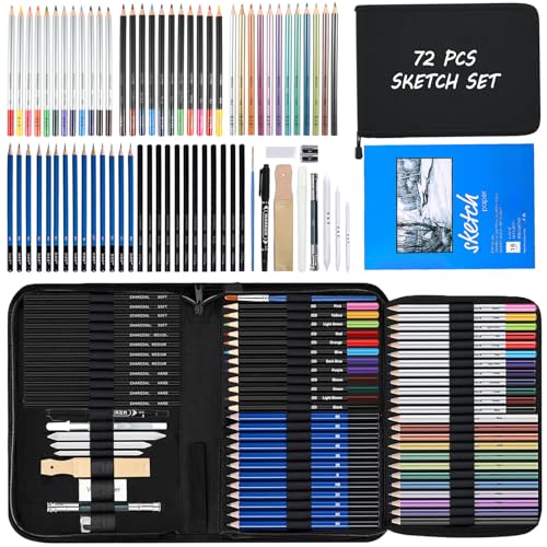Cozii Juego de 72 bocetos de dibujo, suministros profesionales con cuaderno de bocetos, acuarela, grafito, multicolor, metálico, lápiz de carbón, juego de dibujo para adultos, adolescentes
