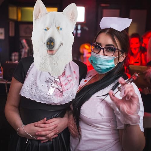 Masque chien latex blanc réaliste avec ouverture yeux pour soirée déguisée - 6