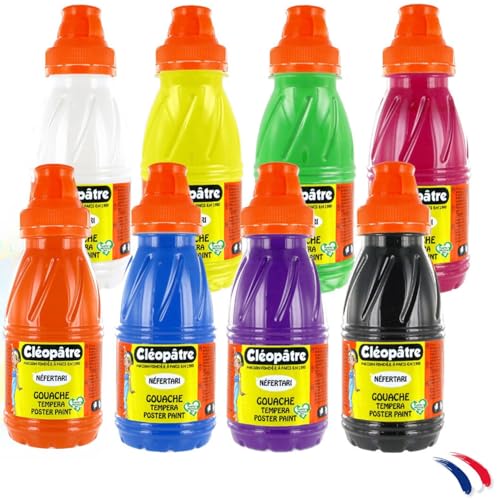 CLEOPATRE – Lot de 8 Bouteilles de Peintures Gouache de 250ml - Couleurs Assorties Lavables – École et Loisirs Créatifs pour Enfant