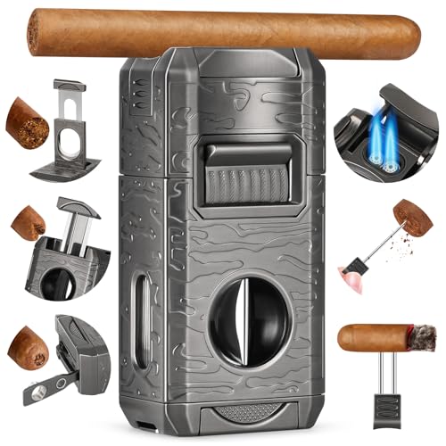 DXXULL Cigar Lighter, 7-in-1 Cigar Lighter Set: Dual-Flame Windproof, Visual Gas Window Adjustment, Built-in Dual Punch, V-Cut, Flat Cut, Cigar Holder and Smoking Set, Gift for Men (No Butane)