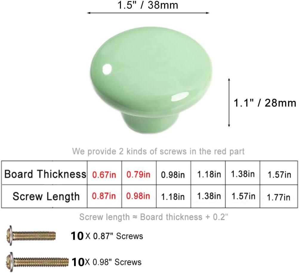 1.5" Large Mushroom Shape Glossy Ceramic Cabinet Knobs, 10Pcs Round Shape Cute Ceramic Drawer Knobs Kids Child Pulls Handles for Dressers Cupboard Wardrobe Dia. 1.5inch (Green, Dia. 1.5")