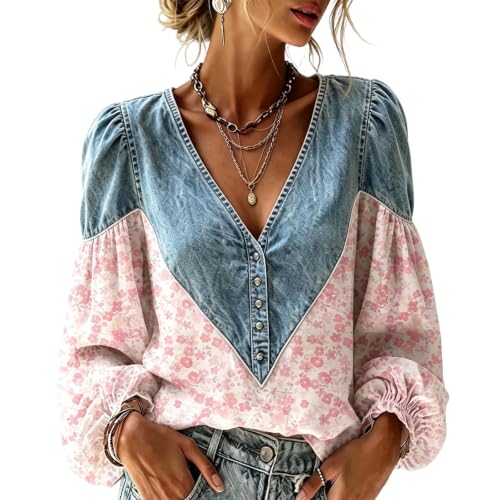 Floral Blouses for Women Denim Patchwork Button V Neck Long Puff Sleeve Top - image 1