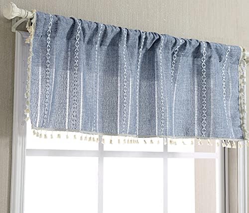 RoomTalks Boho Kitchen Valances for Windows Embroidered French Striped Farmhouse Vintage Chic Textured Tassel Curtain Valances for Bathroom Living Room Bohemian Decor (18’’L x 52’’W, Blue)