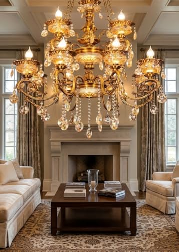 Image of Sanleen 12-Light Glass Chandelier (24 Inch, Design 6) - Antique Modern Contemporary Ceiling Hanging Light | Luxury Candle Style Jhumar for Living Room, Dining Room,Bedroom & Home Decor Lighting